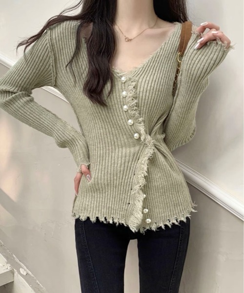 kirakiraShop(キラキラショップ)の「フリンジ パール ボタン アレンジ カーディガン(ニット/セーター・レディース・ブラック/ベージュ/ホワイト・FREE)」の13枚目の写真