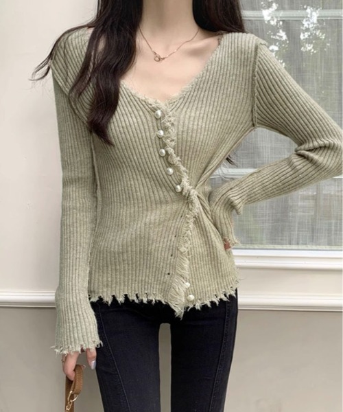 kirakiraShop(キラキラショップ)の「フリンジ パール ボタン アレンジ カーディガン(ニット/セーター・レディース・ブラック/ベージュ/ホワイト・FREE)」の14枚目の写真