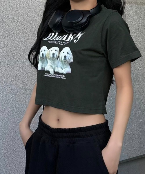Ada.（エイダ）の「ドッグ プリント クロップド 半袖Tシャツ（Tシャツ/カットソー・レディース・グリーン/オートミール・FREE）」の7枚目の写真