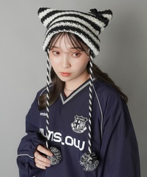 SPINNS | ボーダー 猫耳 ポンポンリボン ニットキャップ ニット帽(ニットキャップ/ビーニー)