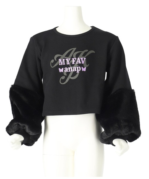 ANAP kids（アナップキッズ）の「袖ファーデザイン クロップド丈 裏毛 長袖 トレーナー（スウェット・キッズ・ホワイト/ブラック・130cm/120cm/110cm）」の10枚目の写真