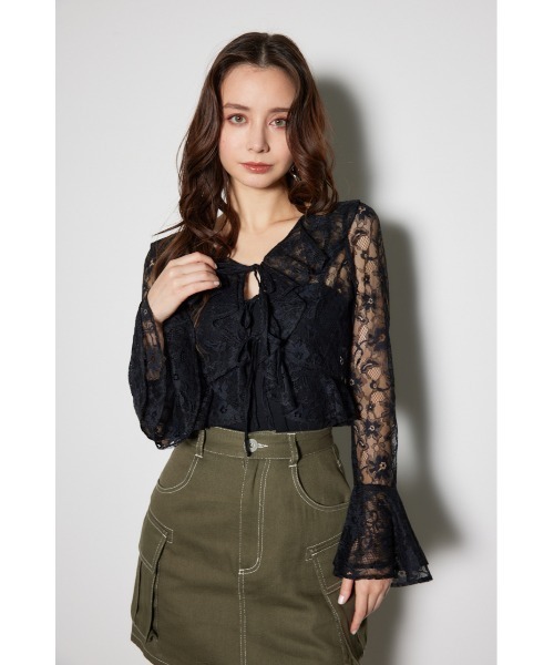 rienda（リエンダ）の「フロントフリル2WAYレースブラウス レーストップス 春服 シアートップス（シャツ/ブラウス・レディース・ブラック/ライトピンク・FREE）」の14枚目の写真