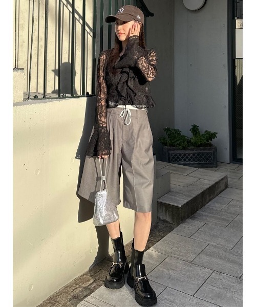 rienda（リエンダ）の「フロントフリル2WAYレースブラウス レーストップス 春服 シアートップス（シャツ/ブラウス・レディース・ブラック/ライトピンク・FREE）」の5枚目の写真