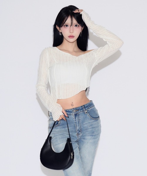 tinkerend（ティンカーエンド）の「Mellow One Shoulder Tops / ワンショルダーメロートップス メローデザイン（Tシャツ/カットソー・レディース・ホワイト/ブラック/グレー・1/2）」の2枚目の写真