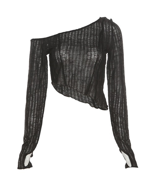 tinkerend（ティンカーエンド）の「Mellow One Shoulder Tops / ワンショルダーメロートップス メローデザイン（Tシャツ/カットソー・レディース・ホワイト/ブラック/グレー・1/2）」の5枚目の写真