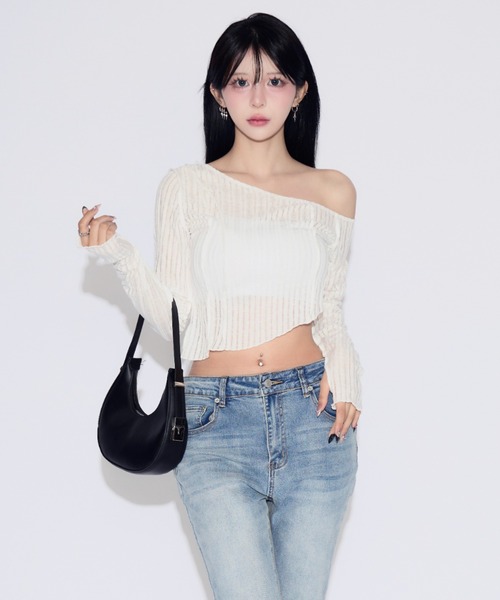 tinkerend（ティンカーエンド）の「Mellow One Shoulder Tops / ワンショルダーメロートップス メローデザイン（Tシャツ/カットソー・レディース・ホワイト/ブラック/グレー・1/2）」の19枚目の写真