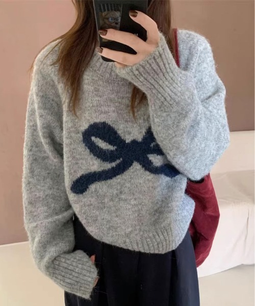 kirakiraShop(キラキラショップ)の「フロント リボン デザイン ニット(ニット/セーター・レディース・杢グレー/クリーム/パープル/グレー系・FREE)」の2枚目の写真