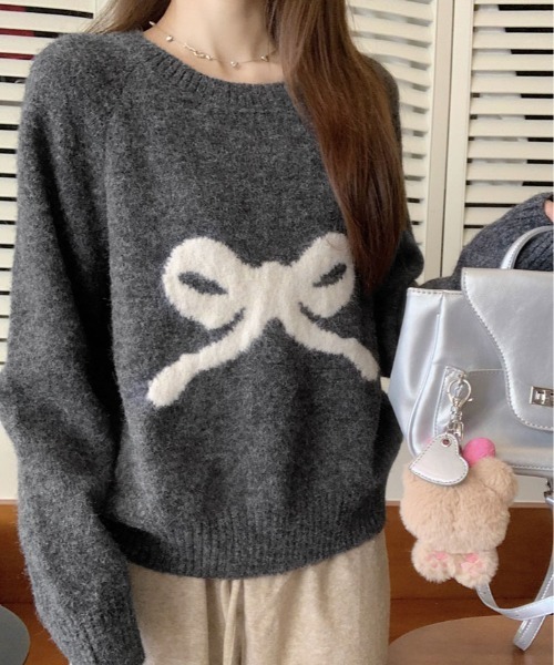 kirakiraShop(キラキラショップ)の「フロント リボン デザイン ニット(ニット/セーター・レディース・杢グレー/クリーム/パープル/グレー系・FREE)」の22枚目の写真
