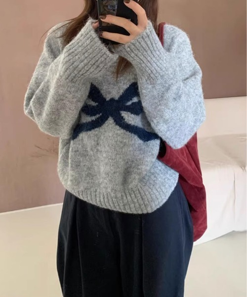 kirakiraShop(キラキラショップ)の「フロント リボン デザイン ニット(ニット/セーター・レディース・杢グレー/クリーム/パープル/グレー系・FREE)」の17枚目の写真