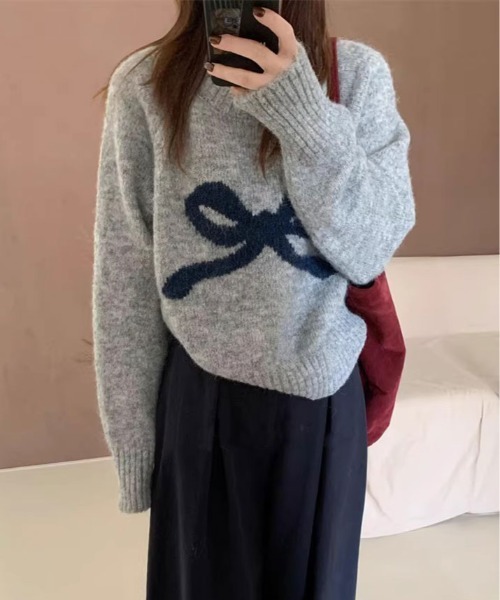 kirakiraShop(キラキラショップ)の「フロント リボン デザイン ニット(ニット/セーター・レディース・杢グレー/クリーム/パープル/グレー系・FREE)」の18枚目の写真