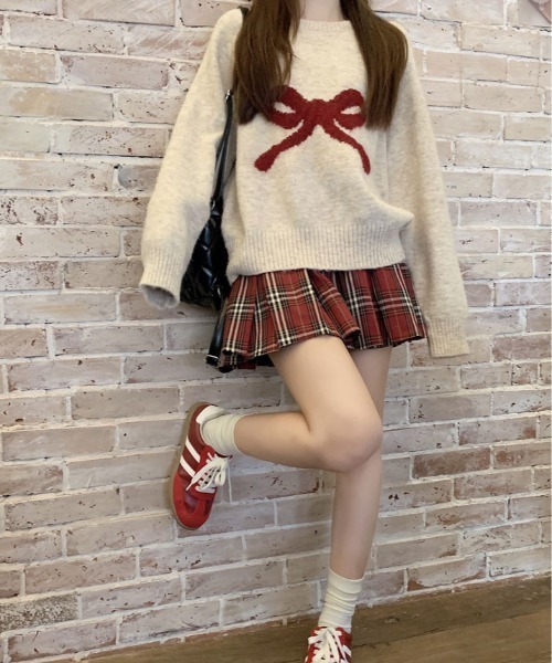 kirakiraShop(キラキラショップ)の「フロント リボン デザイン ニット(ニット/セーター・レディース・杢グレー/クリーム/パープル/グレー系・FREE)」の5枚目の写真