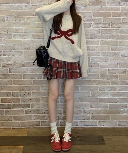 kirakiraShop(キラキラショップ)の「フロント リボン デザイン ニット(ニット/セーター・レディース・杢グレー/クリーム/パープル/グレー系・FREE)」の7枚目の写真