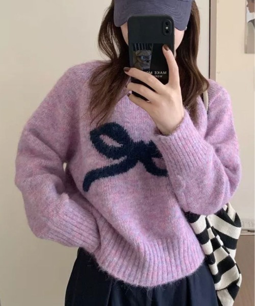 kirakiraShop(キラキラショップ)の「フロント リボン デザイン ニット(ニット/セーター・レディース・杢グレー/クリーム/パープル/グレー系・FREE)」の11枚目の写真