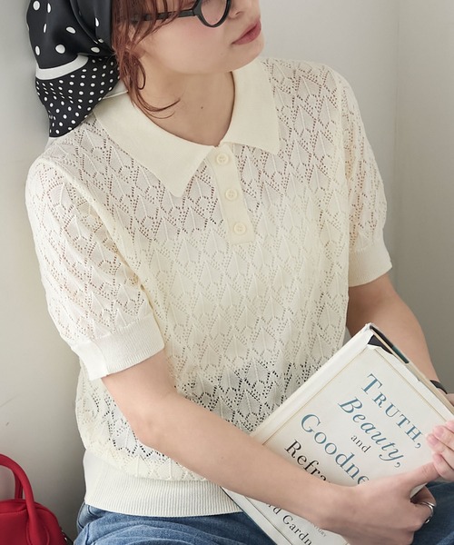BONLECILL(ボンルシール)の「レーシーポロニットプルオーバー(ニット/セーター・レディース・ブラック/アイボリー/レッド/ネイビー・FREE)」の1枚目の写真