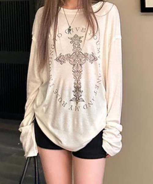 セール】シアークロスプリントルーズロンT（Tシャツ/カットソー