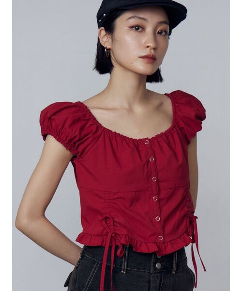 EMODA（エモダ）の「ショートスリーブリボントップ（Tシャツ/カットソー・レディース・ホワイト/レッド/グリーン/ネイビー・FREE）」の4枚目の写真