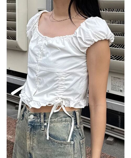 EMODA（エモダ）の「ショートスリーブリボントップ（Tシャツ/カットソー・レディース・ホワイト/レッド/グリーン/ネイビー・FREE）」の8枚目の写真