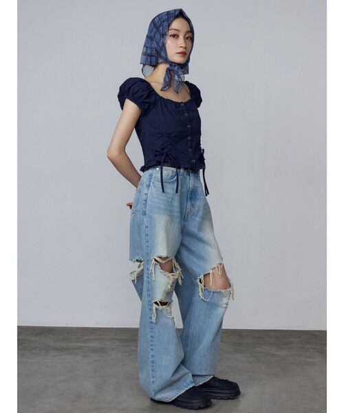 EMODA（エモダ）の「ショートスリーブリボントップ（Tシャツ/カットソー・レディース・ホワイト/レッド/グリーン/ネイビー・FREE）」の5枚目の写真