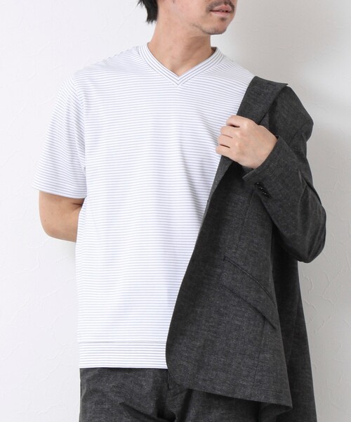 NOLLEY’S(ノーリーズ)の「《ビジカジ対応》セミシルケットスムース ボーダー Vネック ドレスTシャツ 25SS(Tシャツ/カットソー・メンズ・ブラック/ホワイト系その他/ブラック系その他・S/M/L/XL)」の2枚目の写真