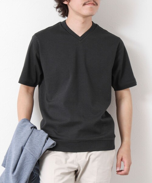 NOLLEY’S(ノーリーズ)の「《ビジカジ対応》セミシルケットスムース ボーダー Vネック ドレスTシャツ 25SS(Tシャツ/カットソー・メンズ・ブラック/ホワイト系その他/ブラック系その他・S/M/L/XL)」の1枚目の写真