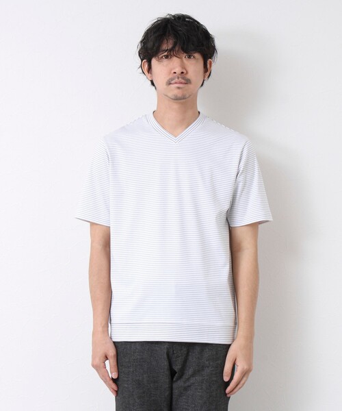 NOLLEY’S(ノーリーズ)の「《ビジカジ対応》セミシルケットスムース ボーダー Vネック ドレスTシャツ 25SS(Tシャツ/カットソー・メンズ・ブラック/ホワイト系その他/ブラック系その他・S/M/L/XL)」の4枚目の写真