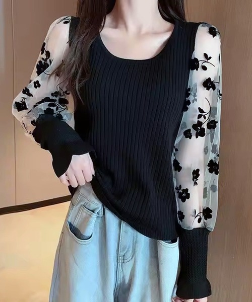VIBGYOR(ヴィブジョー)の「【EIZZ/アイズ】花柄 シースルー スリーブ トップス(Tシャツ/カットソー・レディース・ブラック/ベージュ/レッド/オフホワイト・FREE)」の9枚目の写真