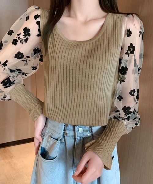 VIBGYOR(ヴィブジョー)の「【EIZZ/アイズ】花柄 シースルー スリーブ トップス(Tシャツ/カットソー・レディース・ブラック/ベージュ/レッド/オフホワイト・FREE)」の12枚目の写真
