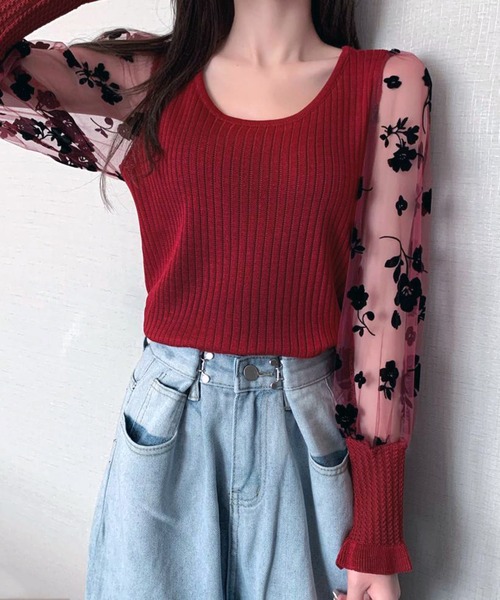 VIBGYOR(ヴィブジョー)の「【EIZZ/アイズ】花柄 シースルー スリーブ トップス(Tシャツ/カットソー・レディース・ブラック/ベージュ/レッド/オフホワイト・FREE)」の15枚目の写真