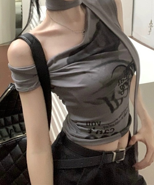 lilful(リルフル)の「タイ付き ホルターネックノースリーブT(Tシャツ/カットソー・レディース・ホワイト/グレー・L/M)」の5枚目の写真
