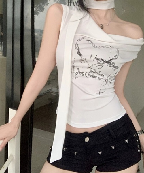 lilful(リルフル)の「タイ付き ホルターネックノースリーブT(Tシャツ/カットソー・レディース・ホワイト/グレー・L/M)」の15枚目の写真