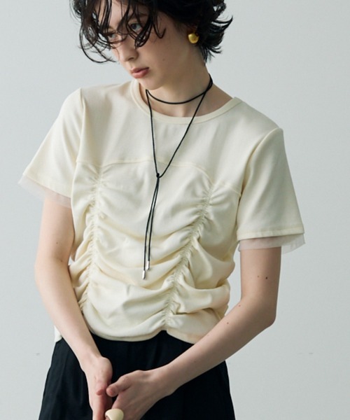 Trish（トリッシュ）の「シャーリングチュール使いプルオーバー（Tシャツ/カットソー・レディース・ホワイト/チャコールグレー/ブラウン・MEDIUM）」の20枚目の写真