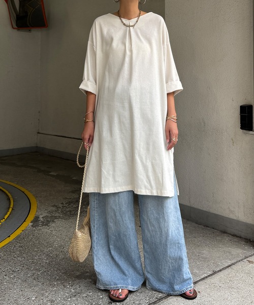 LBC(エルビーシー)の「リネン混サックワンピース(ワンピース・レディース・マスタード/パープル/ベージュ/グリーン/ブラック・M/L)」の1枚目の写真