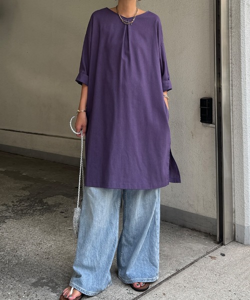 LBC(エルビーシー)の「リネン混サックワンピース(ワンピース・レディース・マスタード/パープル/ベージュ/グリーン/ブラック・M/L)」の4枚目の写真