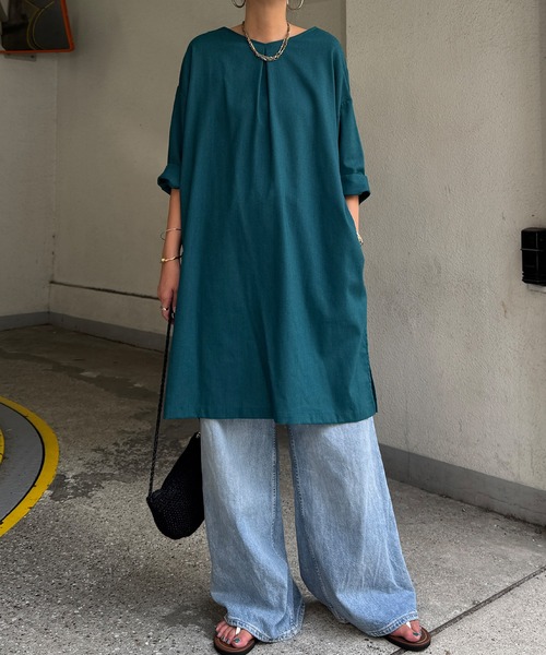 LBC(エルビーシー)の「リネン混サックワンピース(ワンピース・レディース・マスタード/パープル/ベージュ/グリーン/ブラック・M/L)」の3枚目の写真