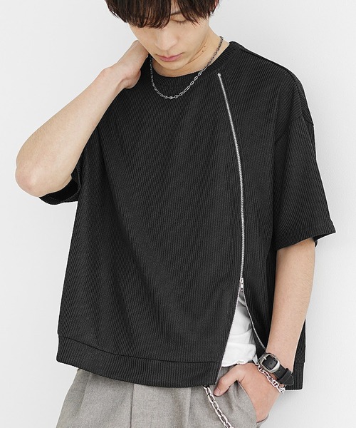 MinoriTY(マイノリティ)の「【MinoriTY】フロントジップシアーカットソー 半袖Tシャツ メンズ 夏服(Tシャツ/カットソー・メンズ・ブルー/グレー/ブラック・M/L/S)」の4枚目の写真