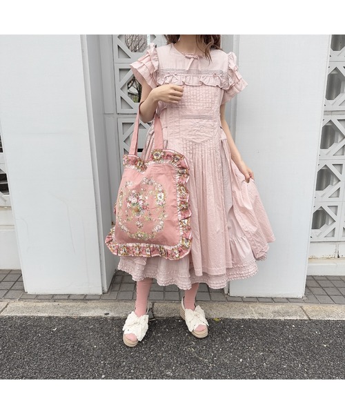 ピンクハウス 鶯色 豪華綿ローン段々ワンピース ピンクハウス 赤 ピンタック レース ピコフリル使い豪華 綿