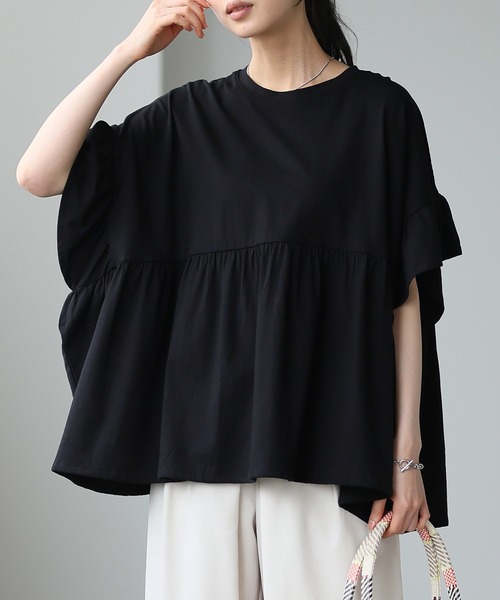 itto...（イット）の「[接触冷感]綿100％フリル切替カットソー（Tシャツ/カットソー・レディース・アイボリー/ブラック・M）」の2枚目の写真