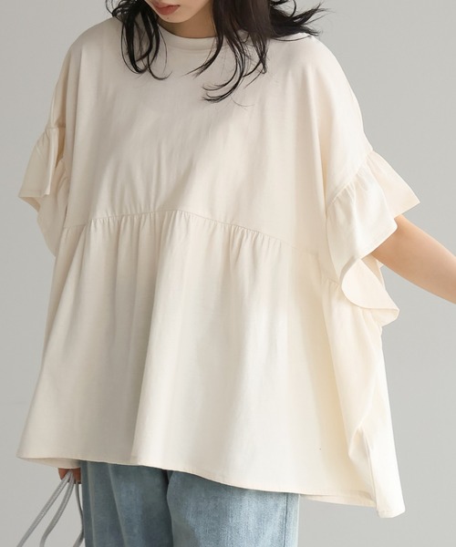 itto...（イット）の「[接触冷感]綿100％フリル切替カットソー（Tシャツ/カットソー・レディース・アイボリー/ブラック・M）」の3枚目の写真