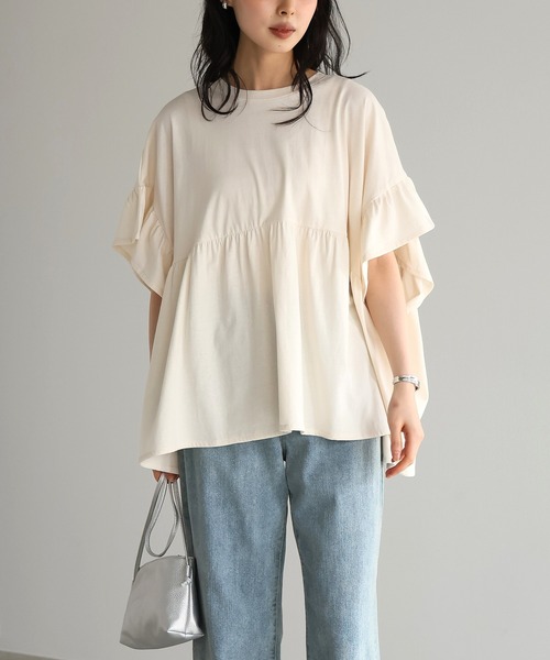 itto...（イット）の「[接触冷感]綿100％フリル切替カットソー（Tシャツ/カットソー・レディース・アイボリー/ブラック・M）」の4枚目の写真