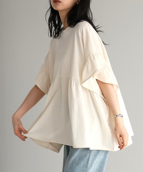 itto...（イット）の「[接触冷感]綿100％フリル切替カットソー（Tシャツ/カットソー・レディース・アイボリー/ブラック・M）」の9枚目の写真