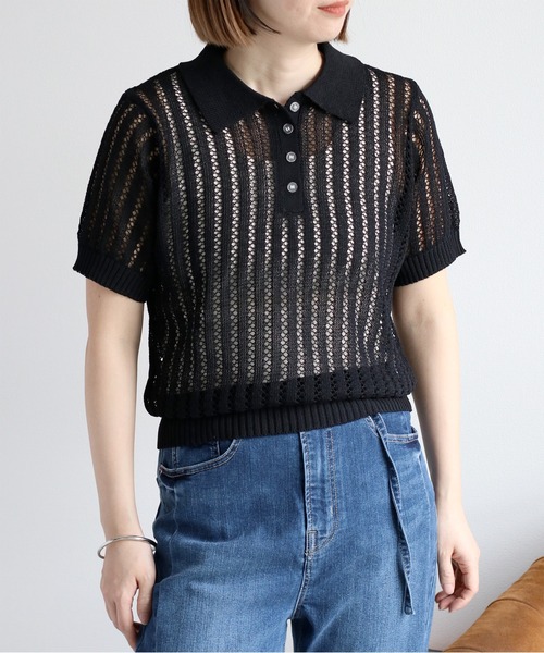 cepo（セポ）の「透かし編みメッシュニットポロ（ポロシャツ・レディース・オフホワイト/レッド/ブラック・M）」の2枚目の写真