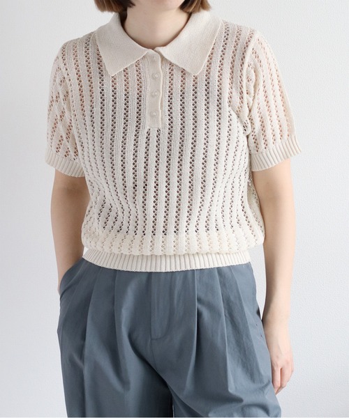 cepo（セポ）の「透かし編みメッシュニットポロ（ポロシャツ・レディース・オフホワイト/レッド/ブラック・M）」の9枚目の写真