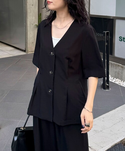 fredy emue（フレディエミュ）の「《セットアップ対応》レーヨン麻半袖ジャケット（テーラードジャケット・レディース・ブラウン/ベージュ/ブラック・38）」の20枚目の写真