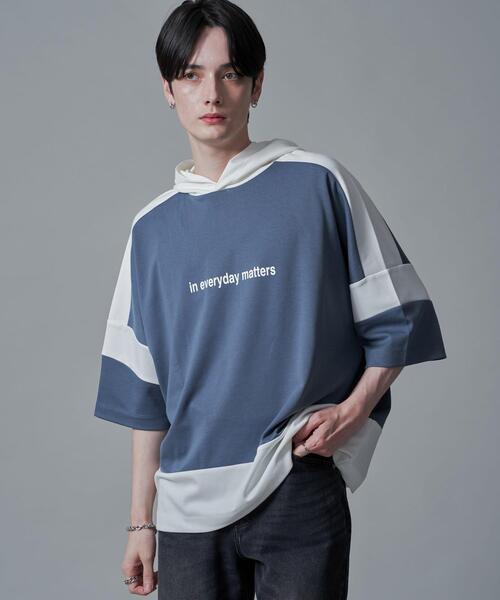 BROWNY(ブラウニー)の「BROWNY/ドルマンポンチフードT(Tシャツ/カットソー・メンズ・ホワイト/サックスブルー・MEDIUM/LARGE)」の2枚目の写真