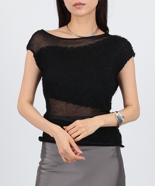 SUWDEE(スーディー)の「asymmetry sheer border knit pullover(ニット/セーター・レディース・アイボリー/ブラック・FREE)」の1枚目の写真