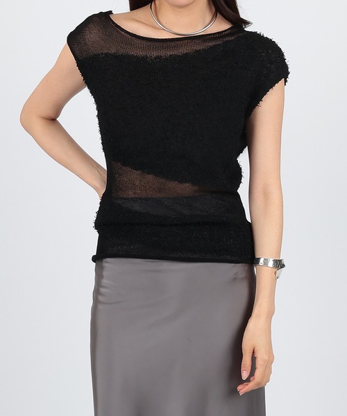 SUWDEE(スーディー)の「asymmetry sheer border knit pullover(ニット/セーター・レディース・アイボリー/ブラック・FREE)」の5枚目の写真