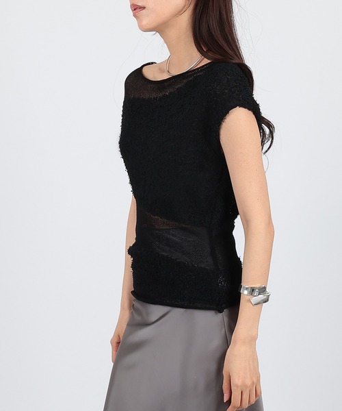 SUWDEE(スーディー)の「asymmetry sheer border knit pullover(ニット/セーター・レディース・アイボリー/ブラック・FREE)」の6枚目の写真