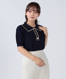 接触冷感ウォッシャブル配色ライン入りポロ衿ニット
