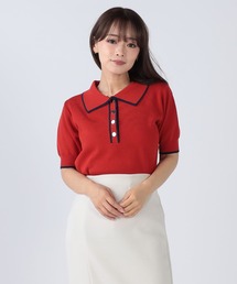 ピュアルセシン　アルパカ　五分袖ニット　ケーブル編み　ニット　オレンジレッド　赤 ニット/セーター（レッド/赤色系・刺繍）ファッション通販
