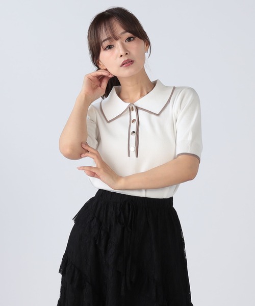 CECIL McBEE(セシルマクビー)の「接触冷感ウォッシャブル配色ライン入りポロ衿ニット(ニット/セーター・レディース・ネイビー/オフホワイト/レッド/ブラック・MEDIUM)」の5枚目の写真
